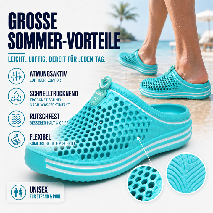 Perforierte Unisex Sandalen im Detail, zeigen das atmungsaktive Belüftungs-Design der Sommerschuhe