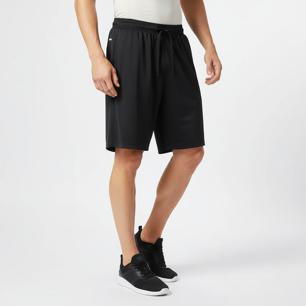 Schwarze Herren Sportshorts mit elastischem Bund vor hellem Hintergrund