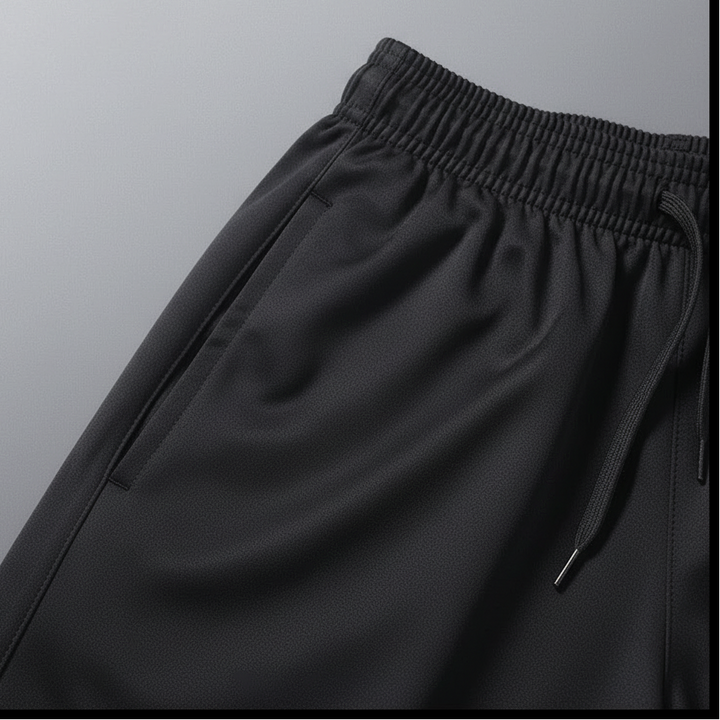 Nahaufnahme des elastischen Bundes und der Kordel an schwarzen Sportshorts