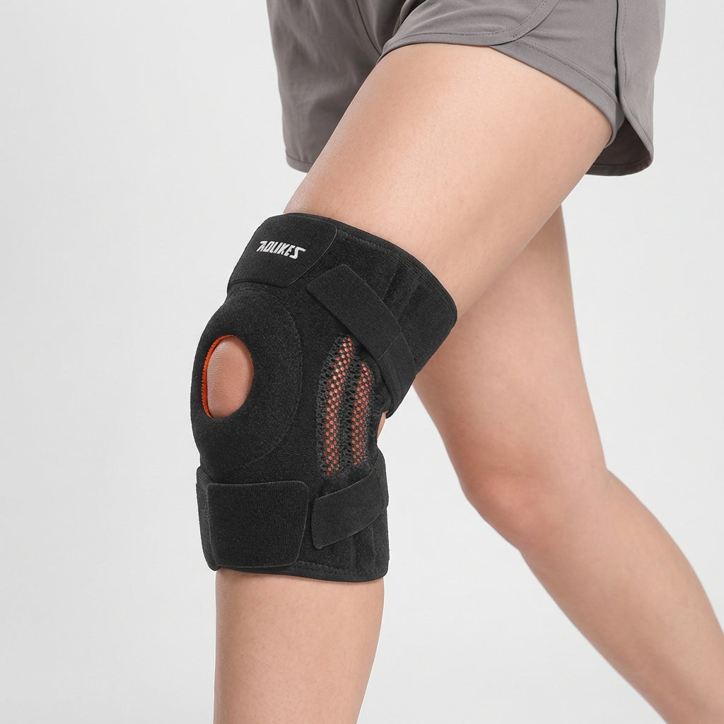 Detailansicht der schwarzen Kniebandage mit atmungsaktivem Mesh-Gewebe