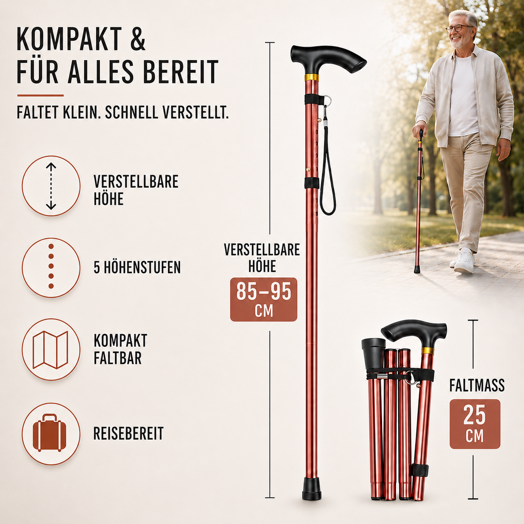 Infografik zu den Funktionen des verstellbaren Falt-Gehstocks mit Maßangaben