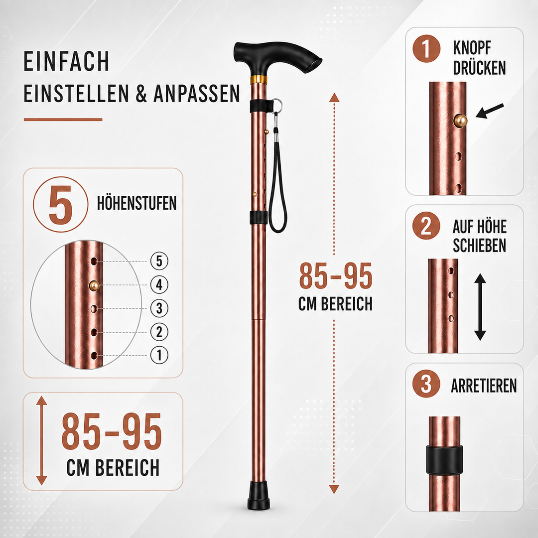 Ergonomische Gehhilfe in elegantem Schwarz, teleskopierbar und faltbar