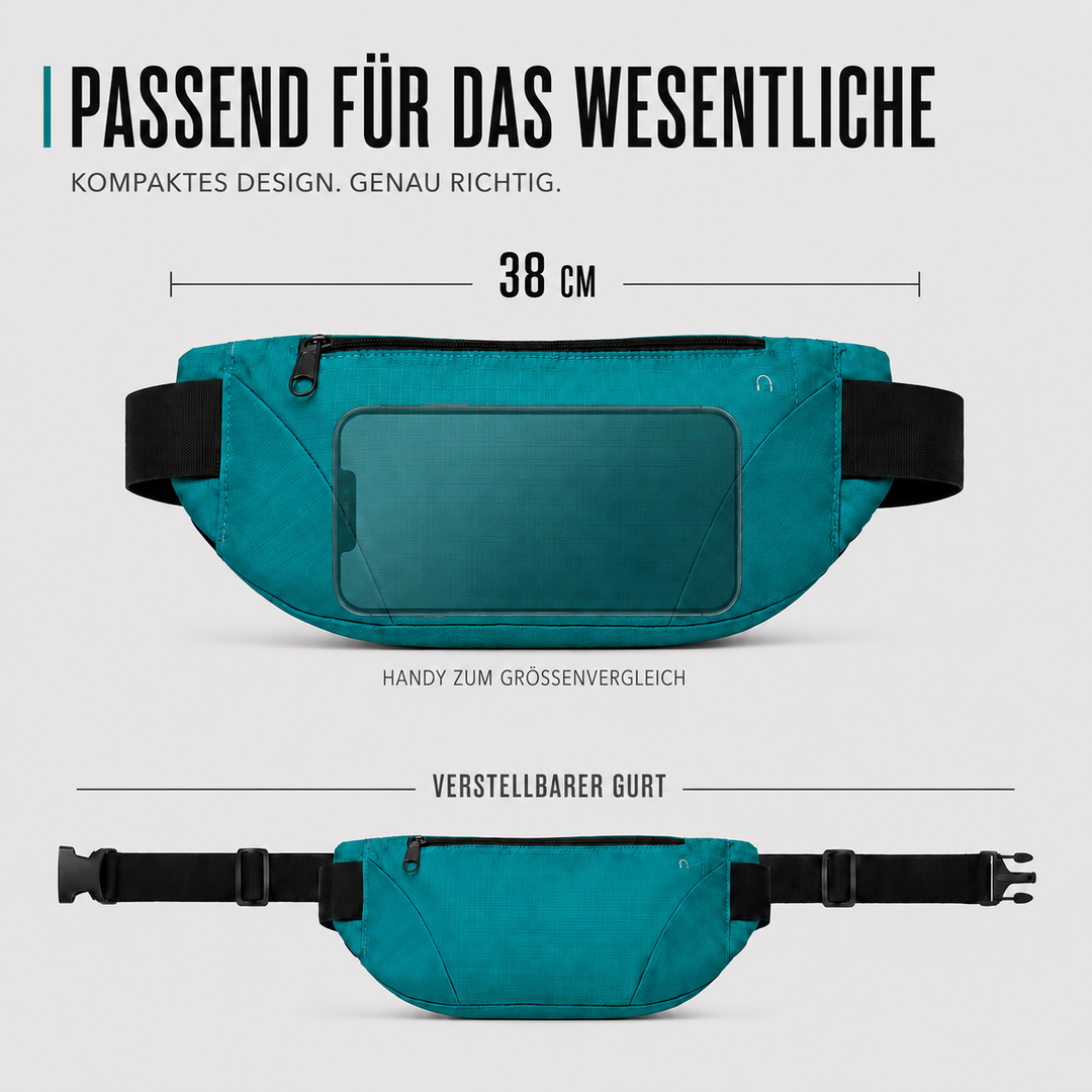 Infografik der blauen Hüfttasche mit Maßen und Smartphone im Größenvergleich