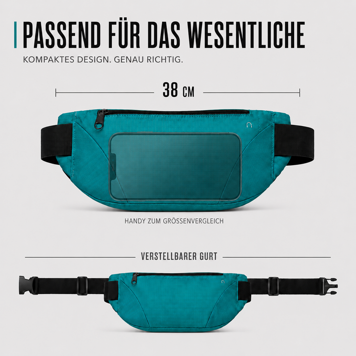 Infografik der blauen Hüfttasche mit Maßen und Smartphone im Größenvergleich