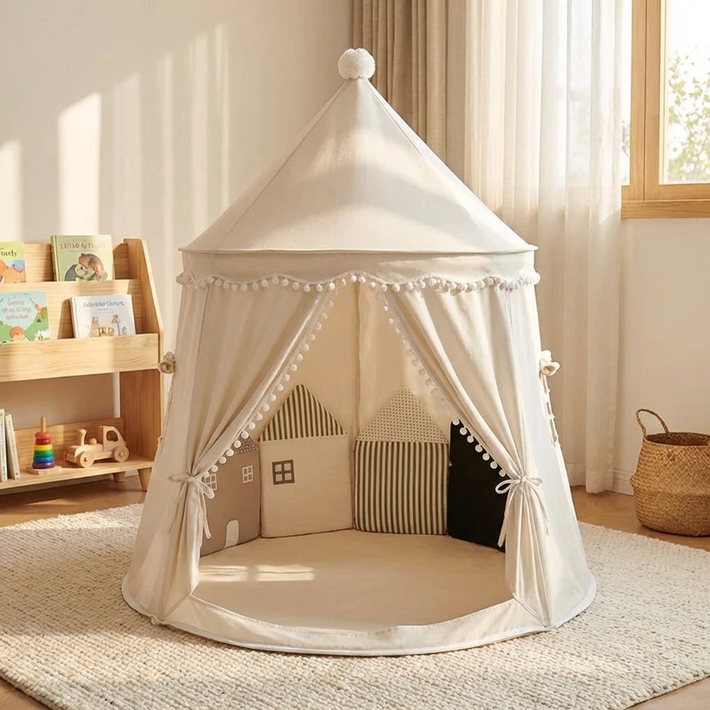 Grosses faltbares Spiel-Tipi in hellem Design aufgebaut im Kinderzimmer