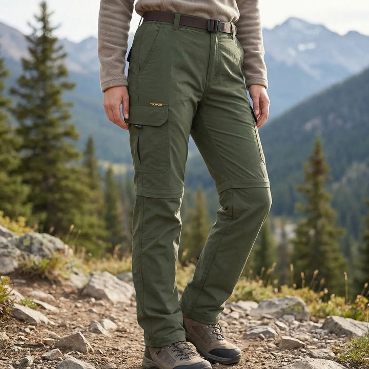 Damen Zip-Off Wanderhose in Armeegrün beim Wandern in den Bergen