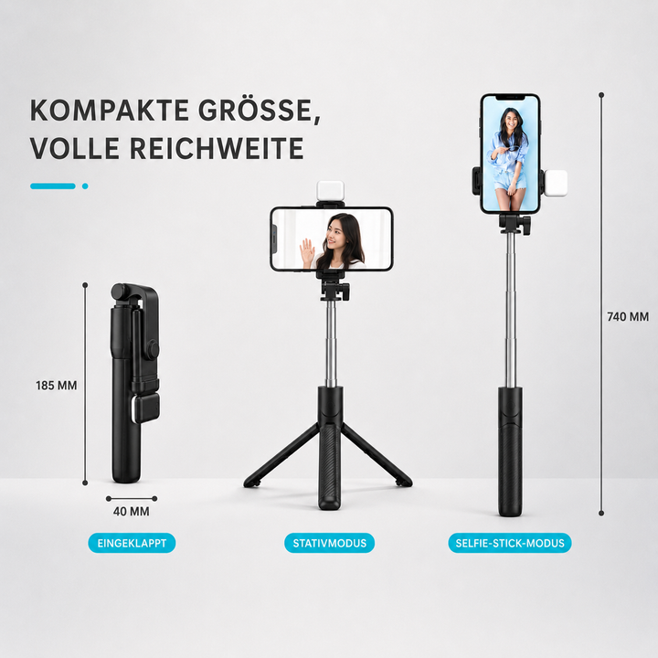 Diagramm der Maße und Modi des VeloGrip Selfie-Stick Stativs