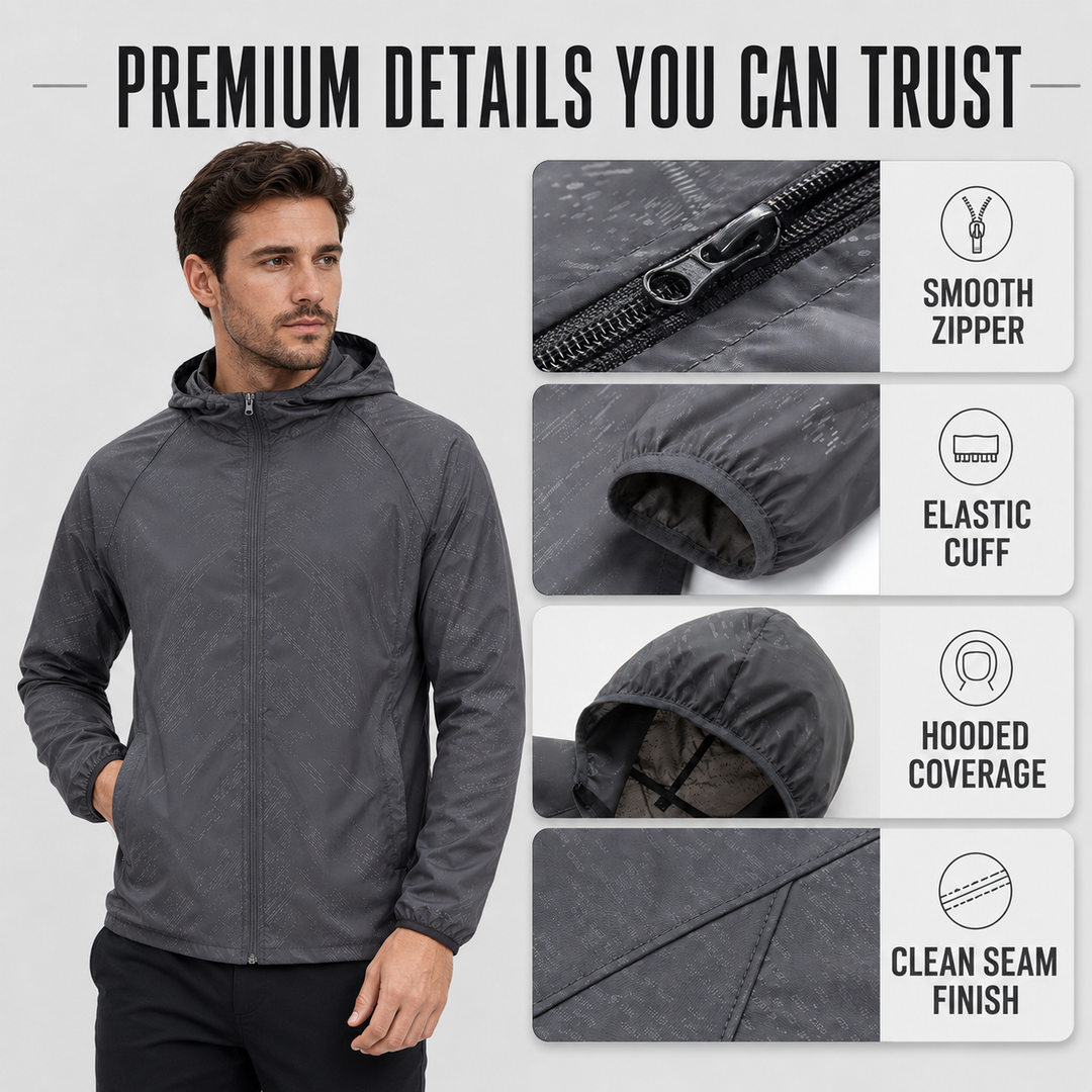 Herren Kapuzen-Windbreaker für Outdoor-Abenteuer in dynamischer Seitenansicht