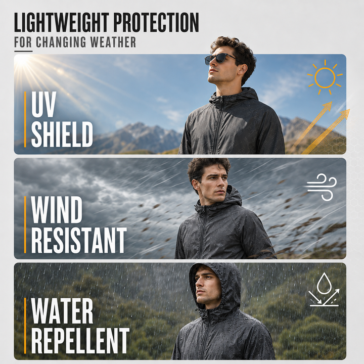 Grafik mit Produktvorteilen wie UV-Schutz, Windbeständigkeit und Wasserabweisung