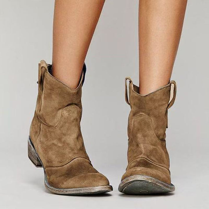 Elegante Damen Stiefeletten im Western-Stil, mit komfortablem Blockabsatz, perfekt für Büro & Alltag.