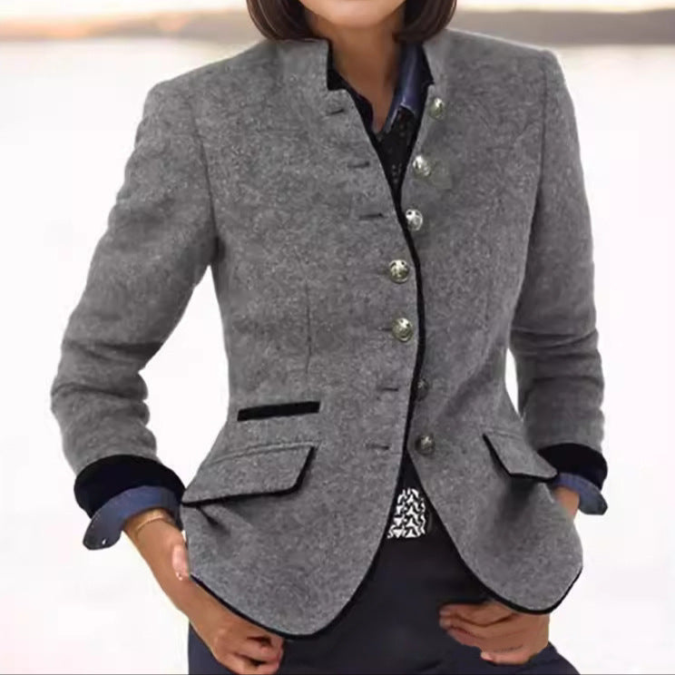 Eleganter Damen Blazer in Grau mit Knopfverschluss und Pattentaschen