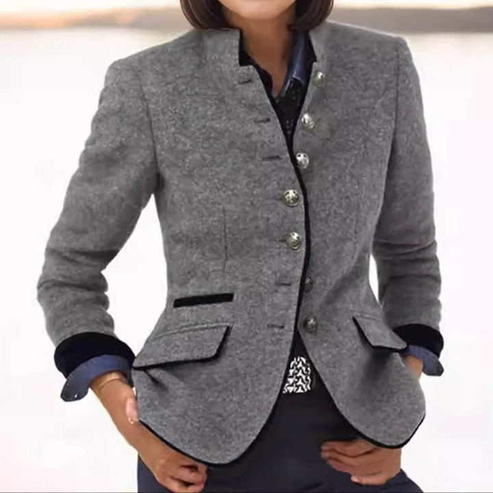 Eleganter Damen Blazer in Grau mit Knopfverschluss und Pattentaschen