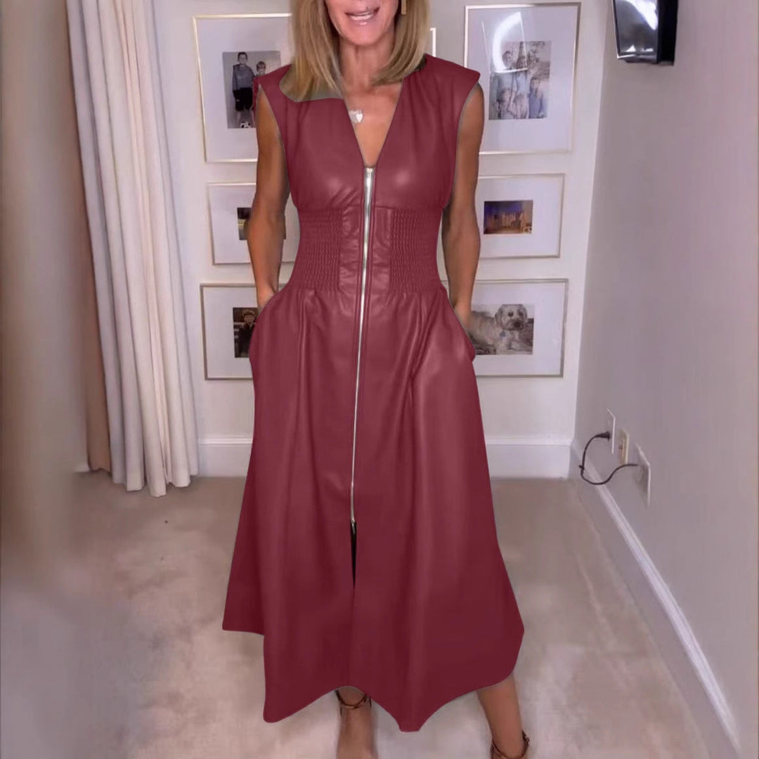 Damen Ärmelloses V-Ausschnitt Kleid mit Reißverschluss