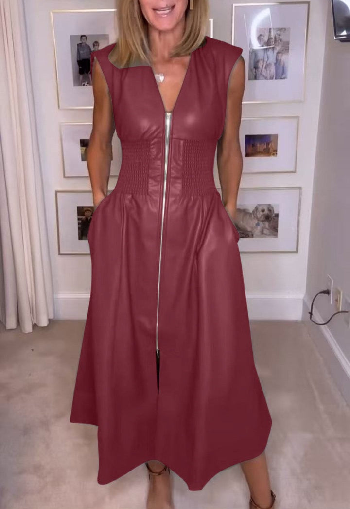 Damen Ärmelloses V-Ausschnitt Kleid mit Reißverschluss