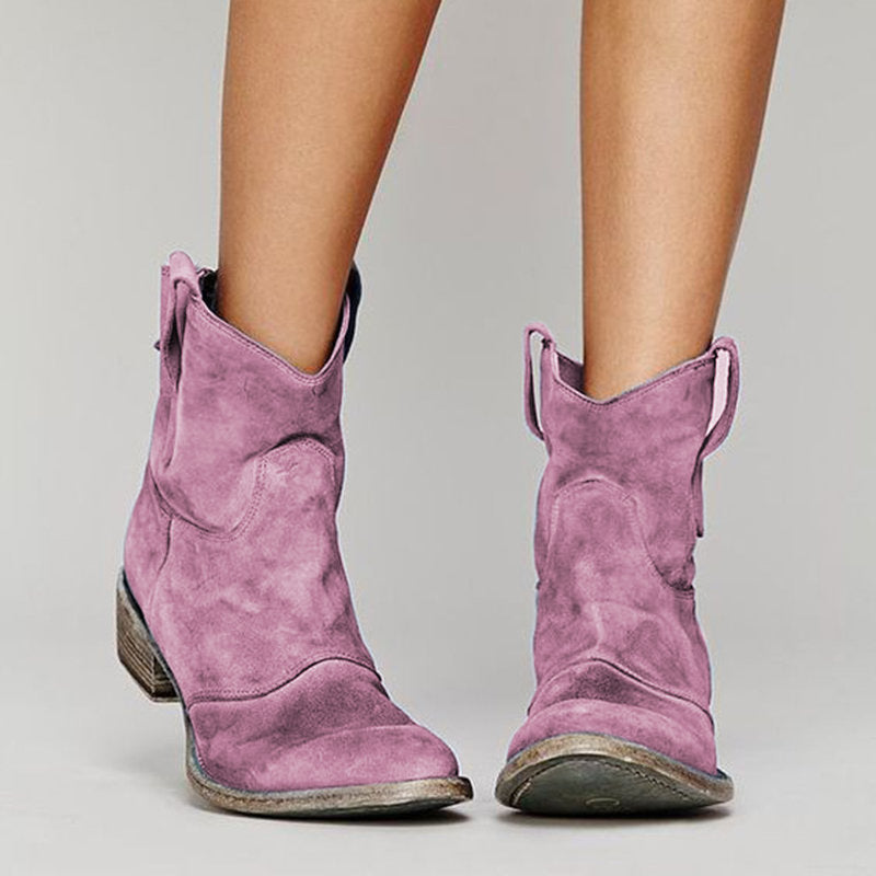 Seitansicht: Damen Western Stiefeletten, elegant & rutschfest, mit stabilem Blockabsatz für Komfort im Alltag.