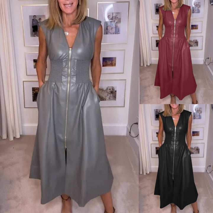 Damen Ärmelloses V-Ausschnitt Kleid mit Reißverschluss