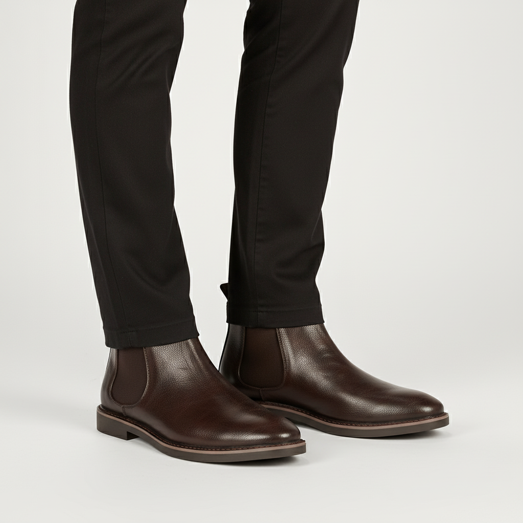Orthopädische Herren Chelsea Boots in Dunkelbraun an Fuß getragen