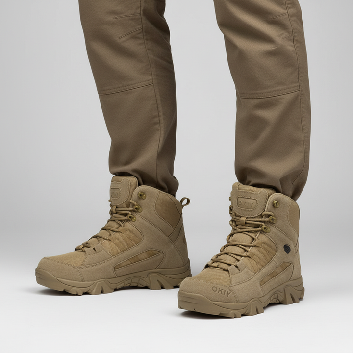 Orthopädische Herrenwanderschuhe in Braun getragen mit Outdoor-Hose