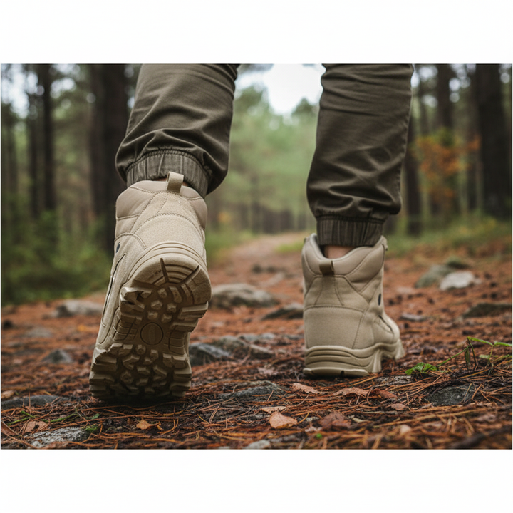 Ansicht der Sohle von orthopädischen Herrenwanderschuhen im Wald