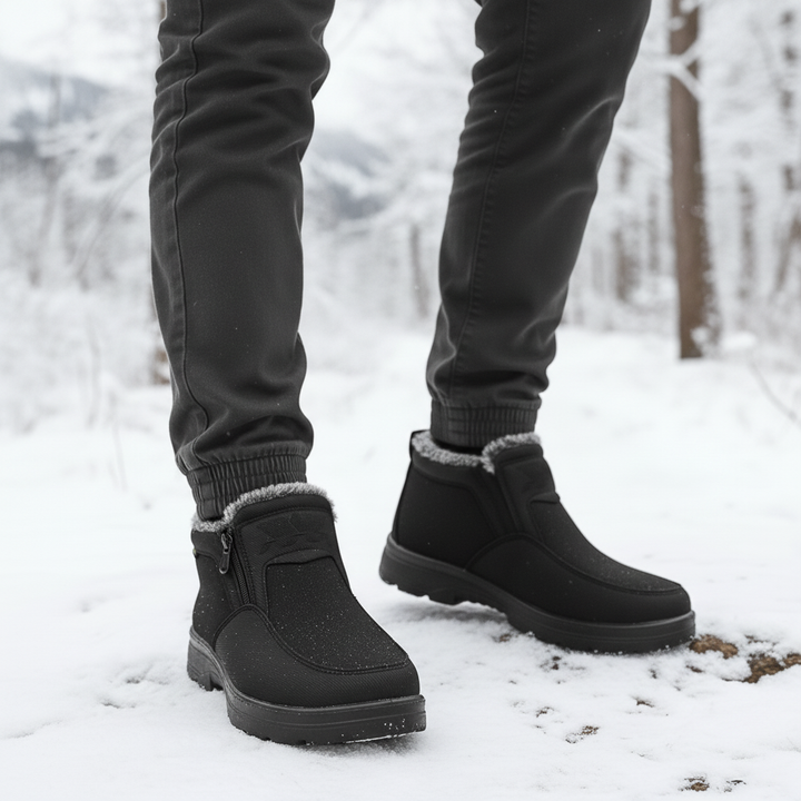 Wasserdichte Winterstiefel für Damen und Herren beim Gehen im Schnee