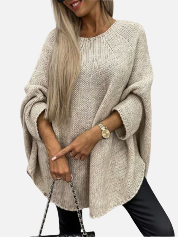 Damen Oversize Strickponcho in Beige mit weiten Fledermausärmeln