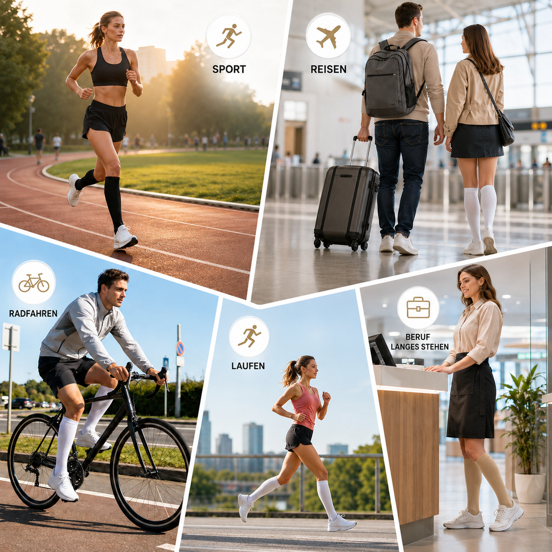 Reisekompressionsstrümpfe für optimalen Komfort und Schutz vor schweren Beinen auf Reisen.
