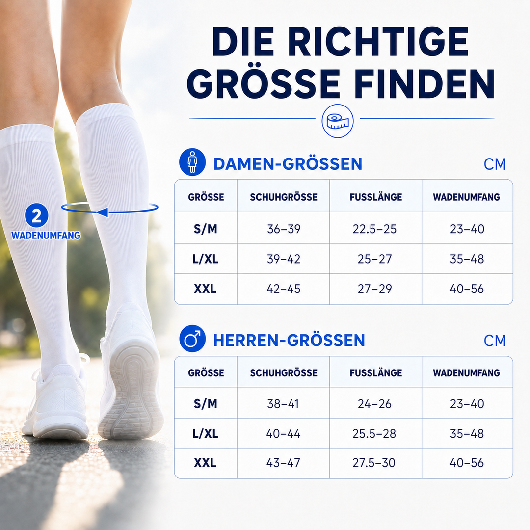 Stützstrümpfe für Reisen, ideal gegen müde Beine und Schwellungen auf langen Flügen.