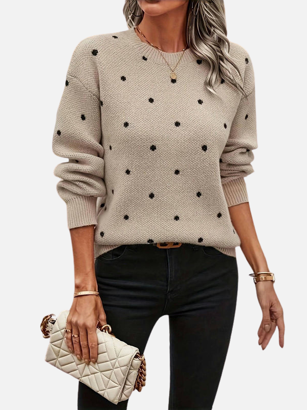 Langarm Damenpullover mit feinem Strickmuster und Punkten Detail