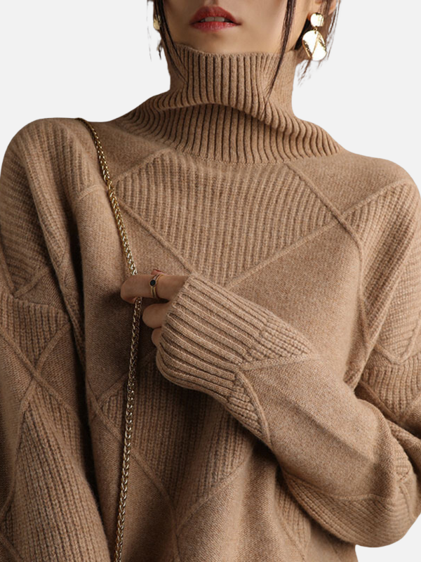 Beiger Damen Rollkragenpullover mit feiner Rautenstruktur