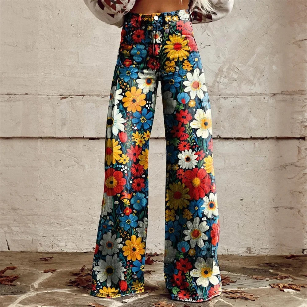 Damen Hochgeschnittene Bedruckte Schlagjeans mit modischem Print, stylisch und bequem für Freizeitlooks.