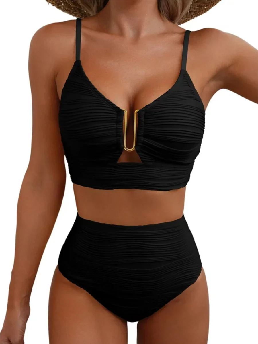 Damen High-Waist Bikini in Schwarz mit U-Draht Detail vorne