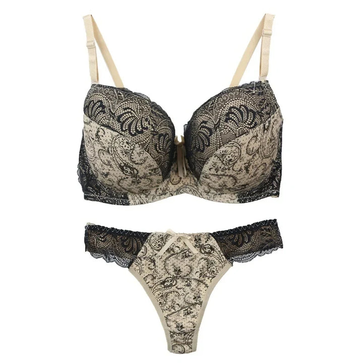 Damen Push-up Dessous Set in Beige mit gemustertem Design