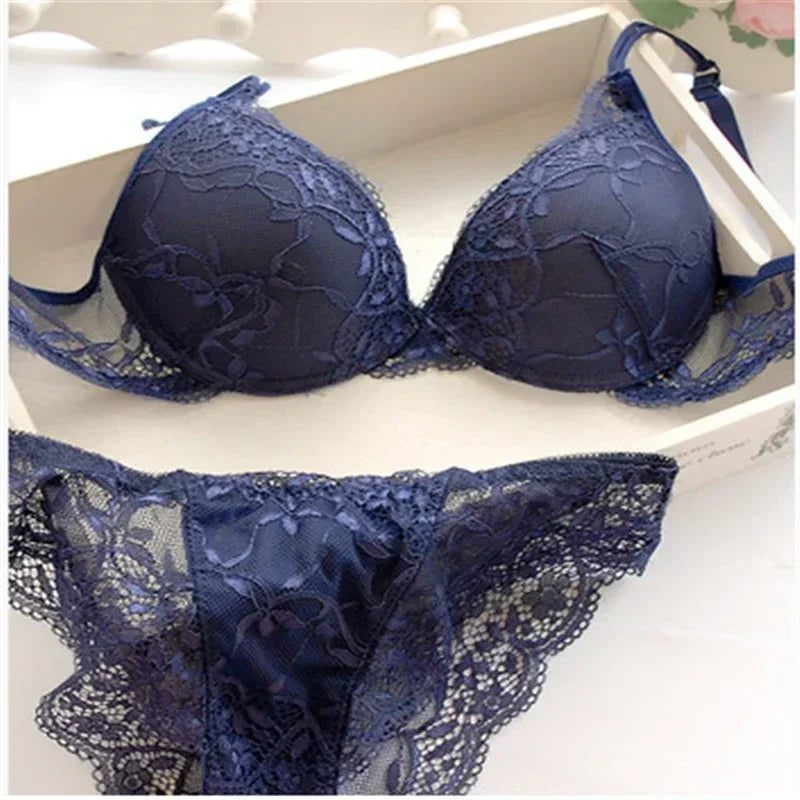 Damen Push-up Dessous-Set in Marineblau mit floraler Spitze