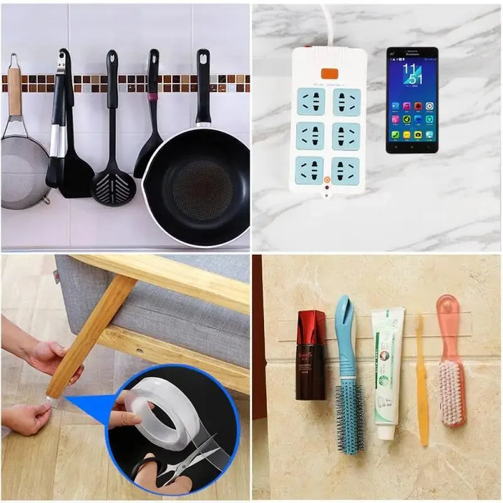 Küchenutensilien, Mehrfachsteckdose, Smartphone, doppelseitiges Klebeband, Badezimmerzubehör.