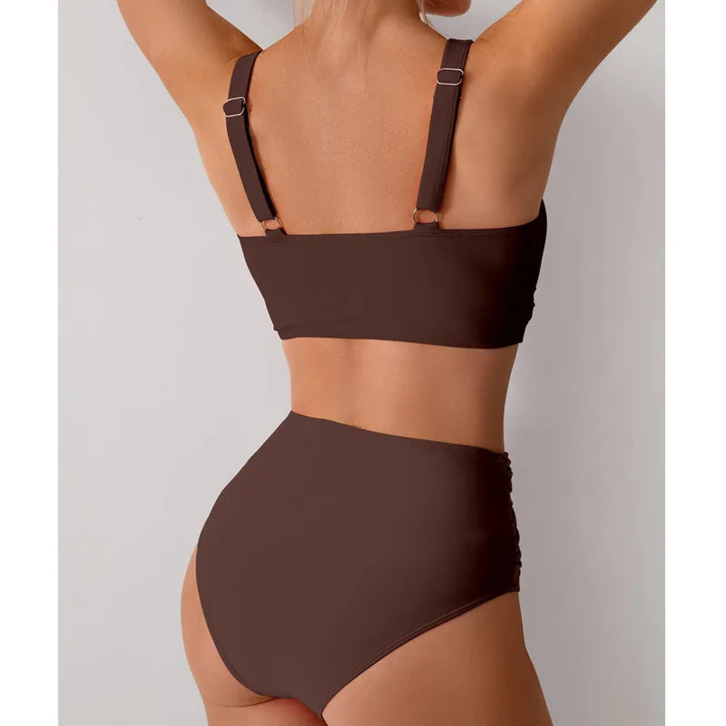 Elegantes Damen Push-Up Bikini Set in Rosé mit hoher Taille, perfekt für Urlaub & Strand.