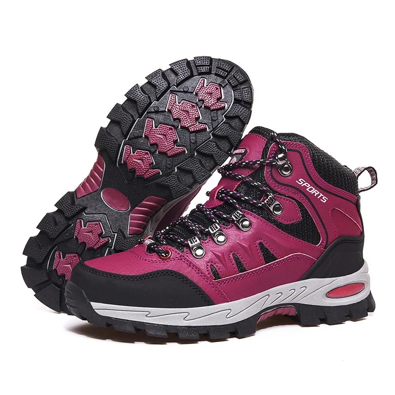 Vielseitige Damen Wanderschuhe, knöchelhoch, rutschfest, in Armee Grün, Schwarz, Grau und Rot-Rosa.