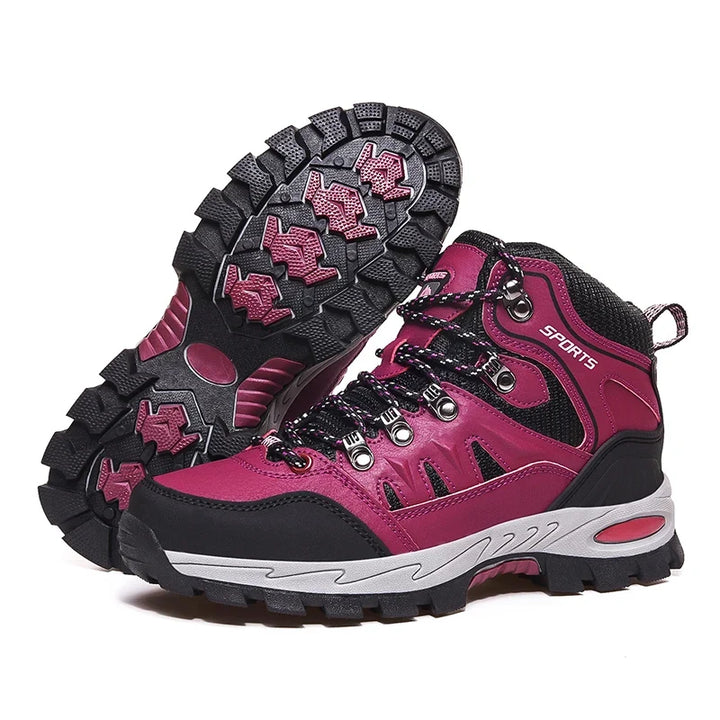 Vielseitige Damen Wanderschuhe, knöchelhoch, rutschfest, in Armee Grün, Schwarz, Grau und Rot-Rosa.