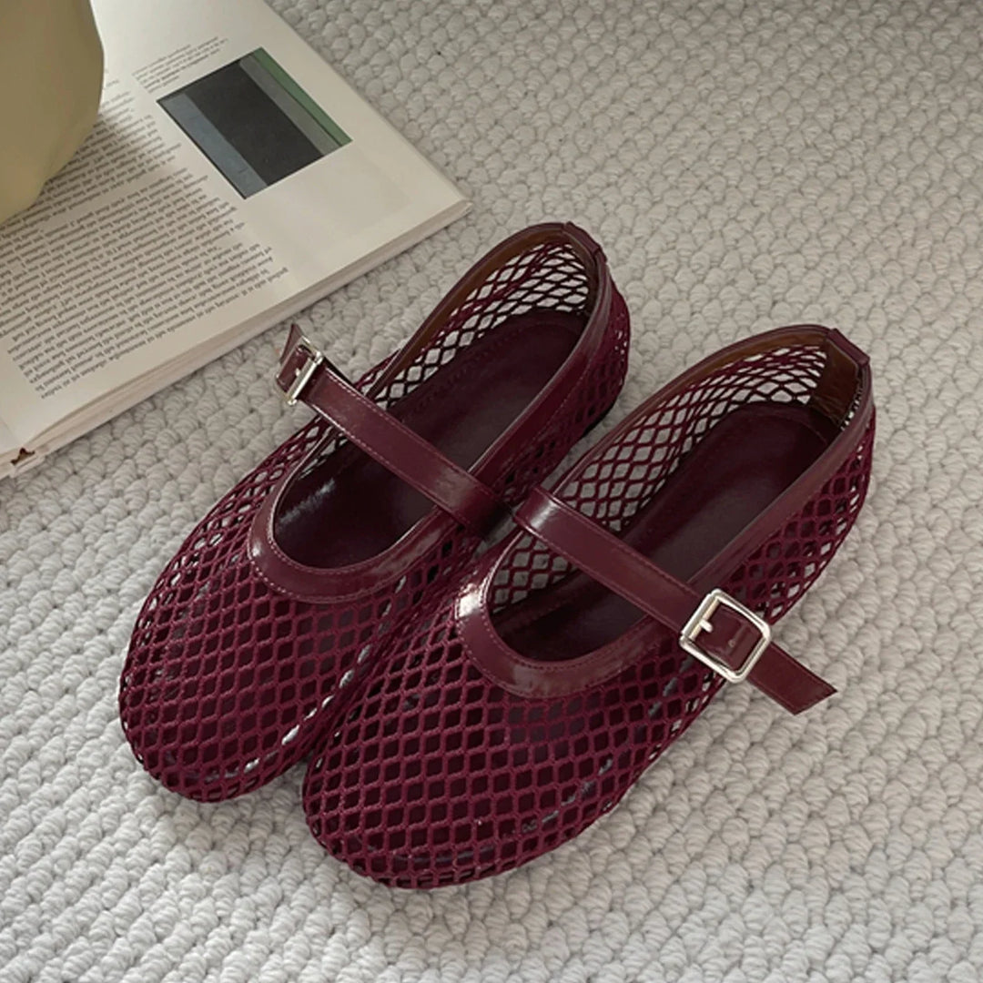 Damen Mesh-Sandalen in Weinrot mit Schnalle und Blockabsatz