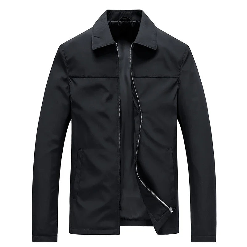 Schwarze Herren Slim Fit Jacke in detaillierter Ansicht mit offenem Reißverschluss