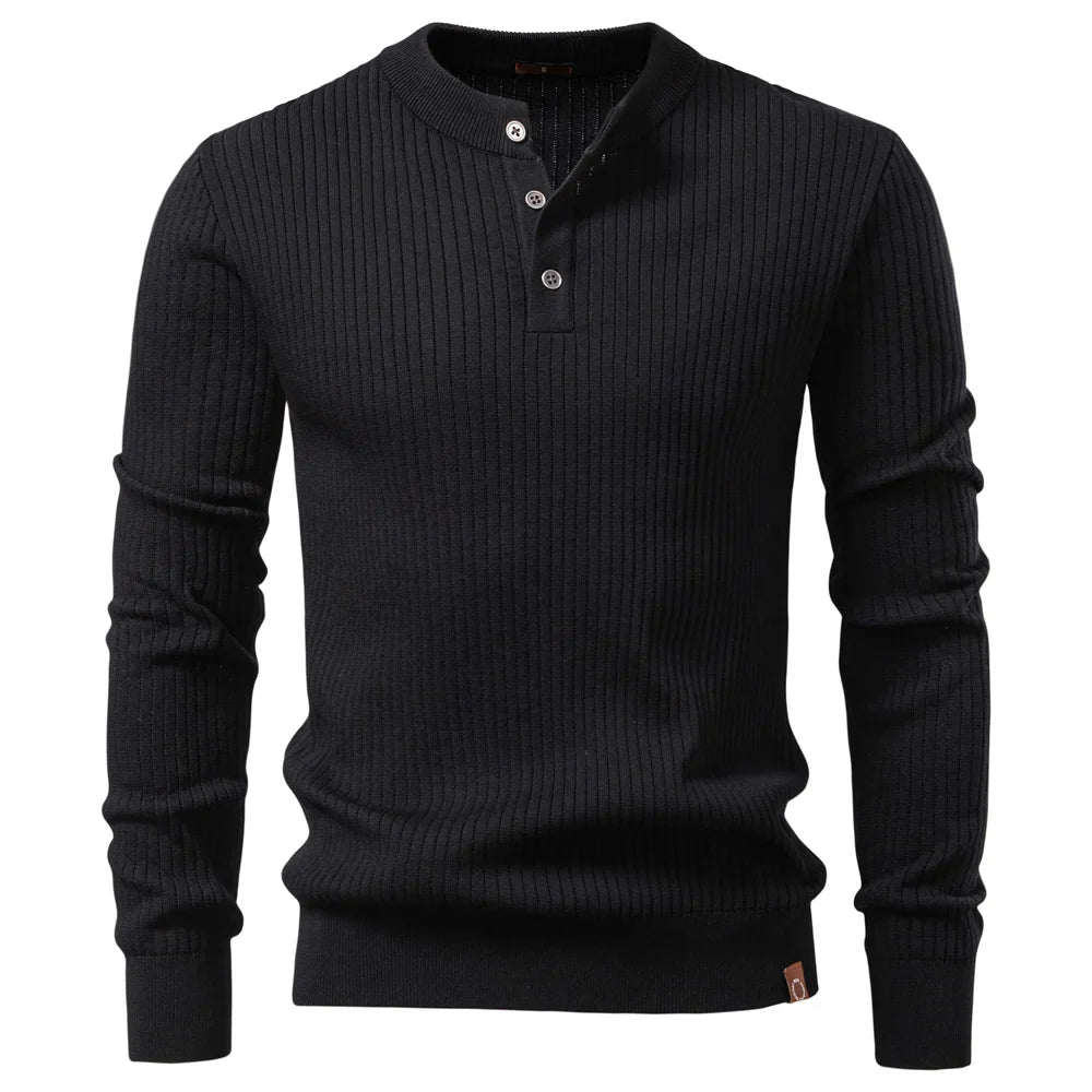 Schwarzer gerippter Herrenpullover mit Knopfleiste vorne