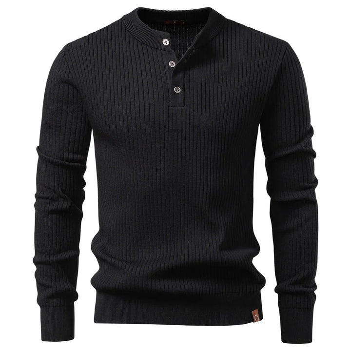 Schwarzer gerippter Herrenpullover mit Knopfleiste vorne