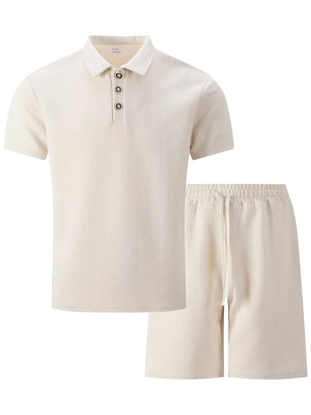 Detaillierte Ansicht des cremefarbenen Herren Poloshirts und der Shorts
