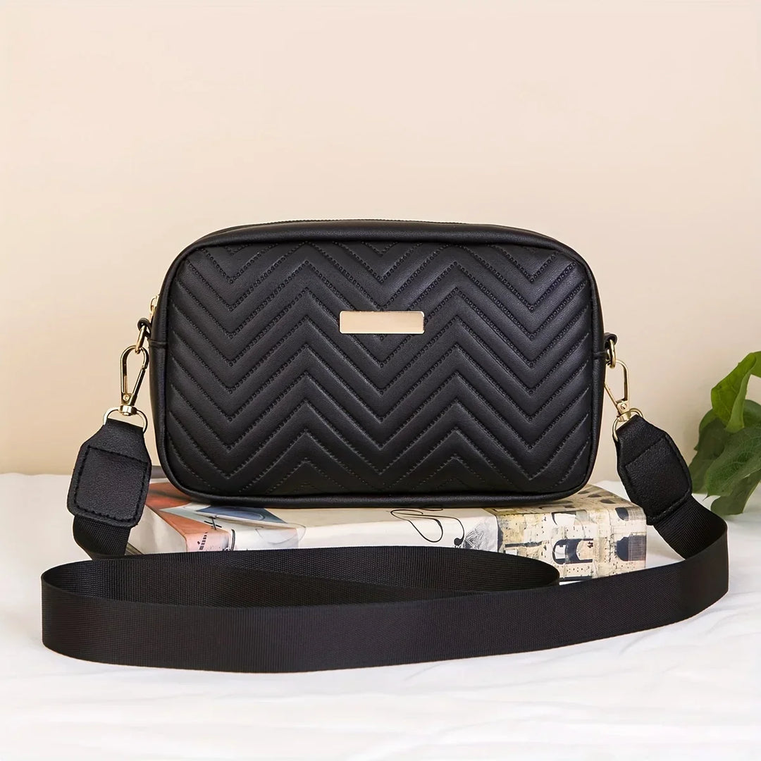 Elegante schwarze Damen Umhängetasche mit gestepptem Zickzack-Muster und goldenem Detail
