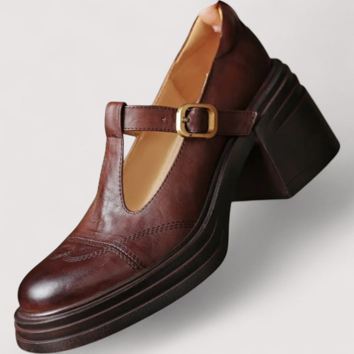 Seitenansicht der eleganten braunen Mary Jane Damenschuhe