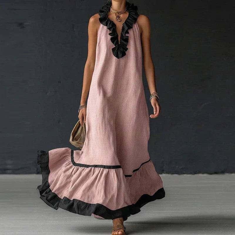 Damen Maxi Rüschenkleid Ursina in Rosa, elegant und fließend im Vorderansicht