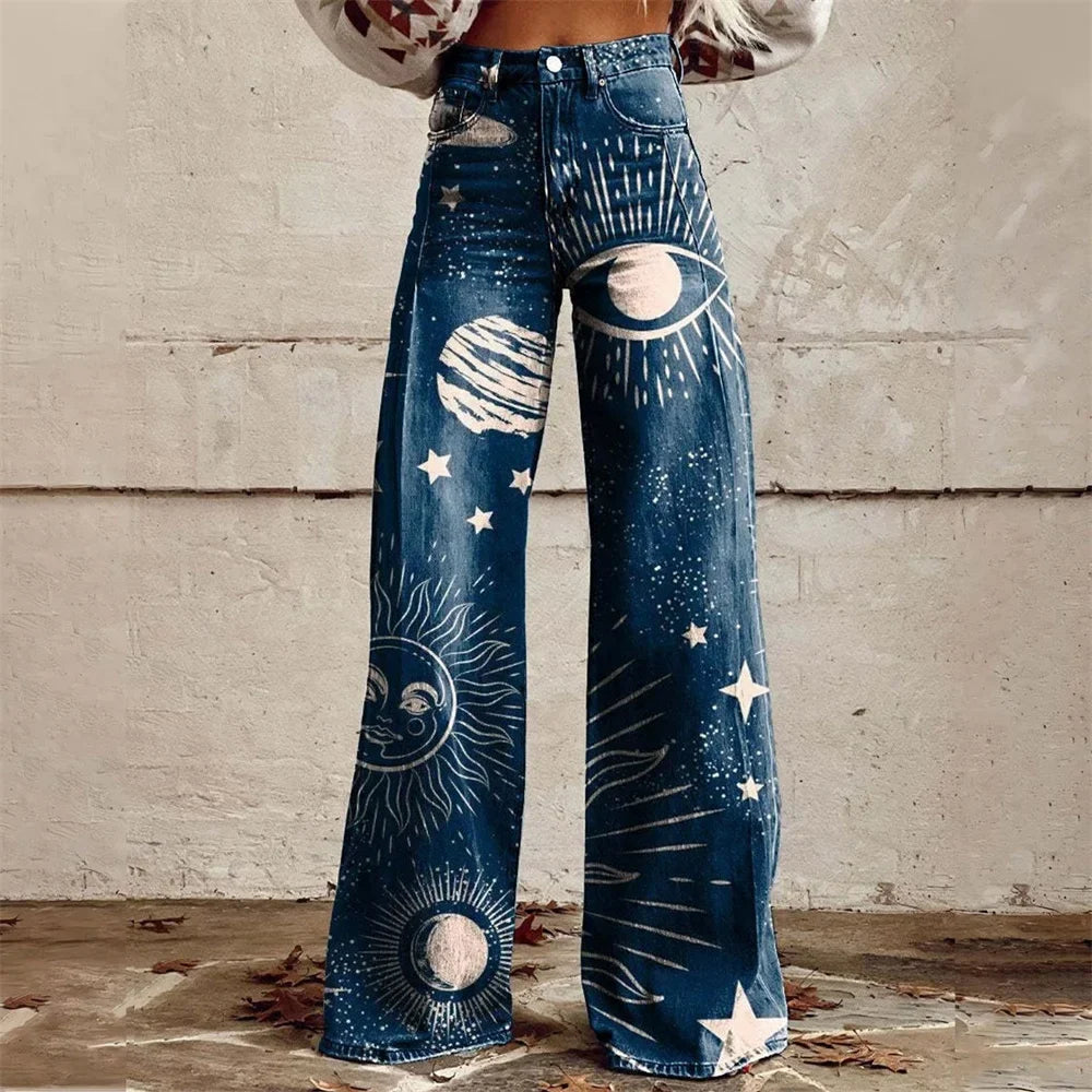 Bequeme Damen Hochgeschnittene Schlagjeans mit einzigartigem Print, perfekt als modische Alltagsjeans.