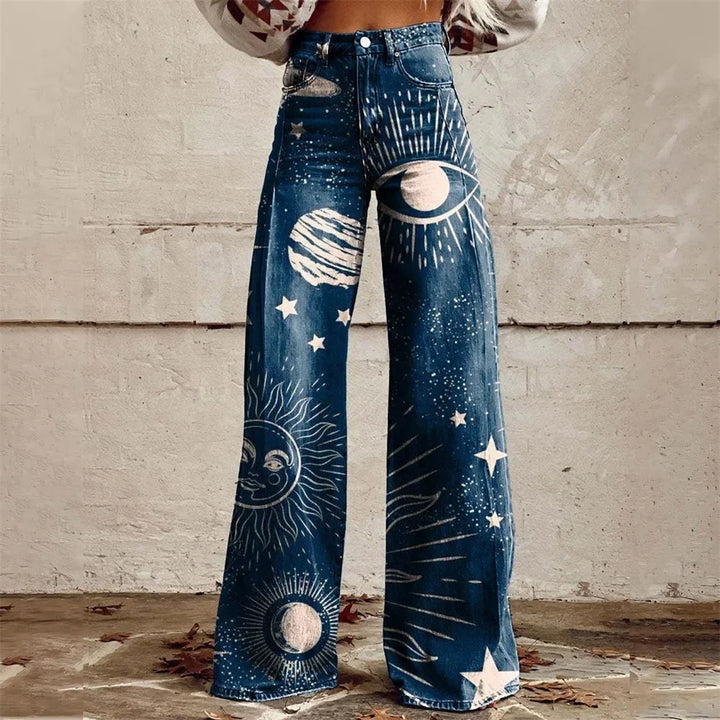 Bequeme Damen Hochgeschnittene Schlagjeans mit einzigartigem Print, perfekt als modische Alltagsjeans.
