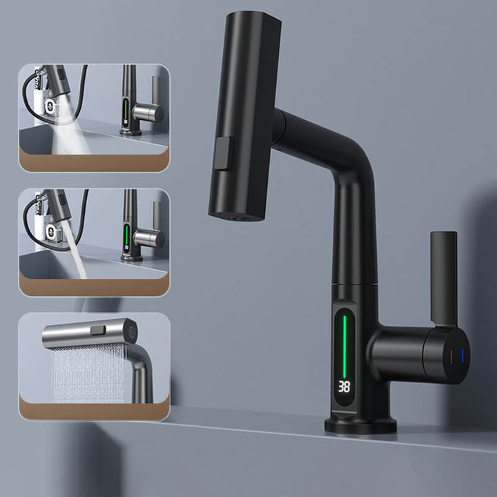 Schwarzer Wasserhahn mit LED-Temperaturanzeige, ausziehbarer Brausekopf, modernes Küchendesign.