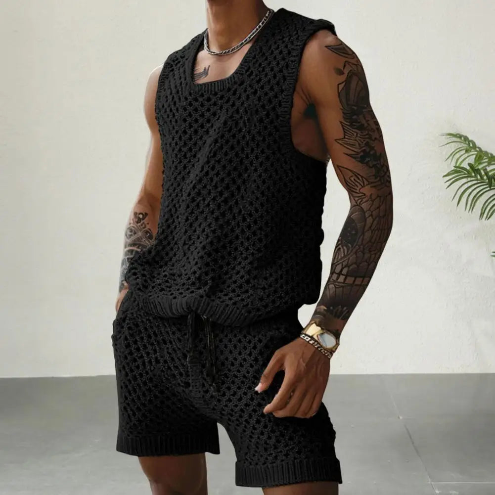 Modischer Herren Strick Anzug für warme Tage, lässiges Tanktop kombiniert mit Shorts