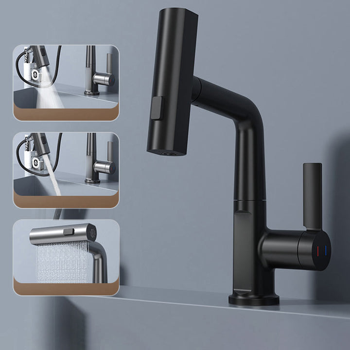 Schwarzer Küchenarmatur mit ausziehbarem Brausekopf, modernem Design, Wasserstrahloptionen.